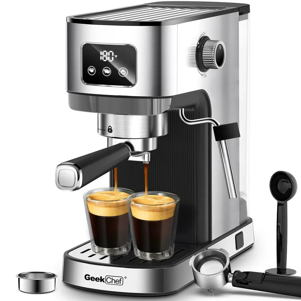 Stainless steel espresso coffee machine with digital display and dual cup brewing