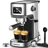 Stainless steel espresso coffee machine with digital display and dual cup brewing