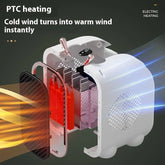 White compact electric heater with visible PTC heating element, demonstrating warm airflow conversion.