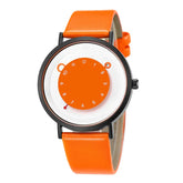 Modern orange leather strap watch with minimalist circular dial and unique numeric display