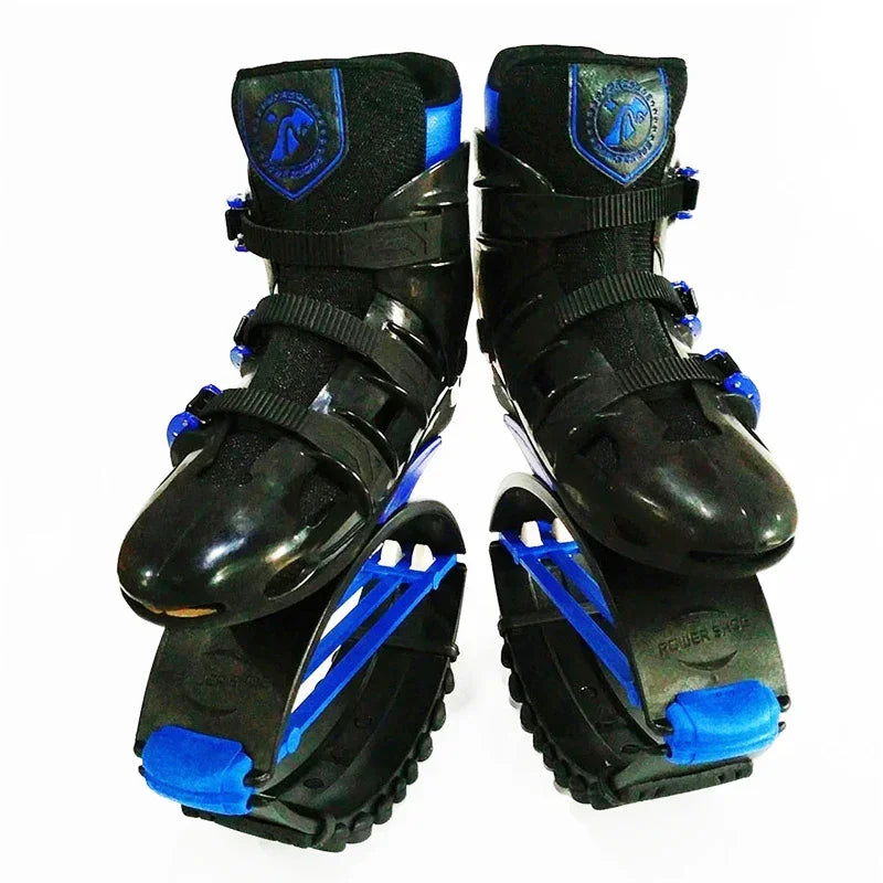 Black and blue futuristic streetwear jump shoes with adjustable straps and thick spring soles