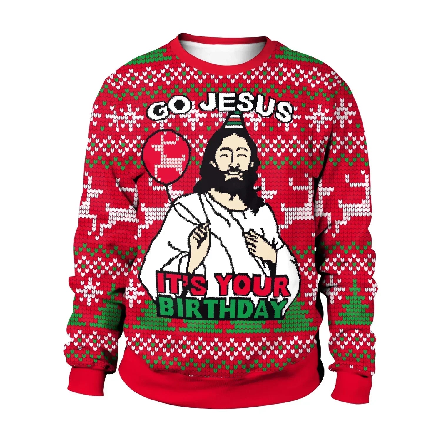 Red and green Christmas sweater with birthday print, relaxed fit, knit material