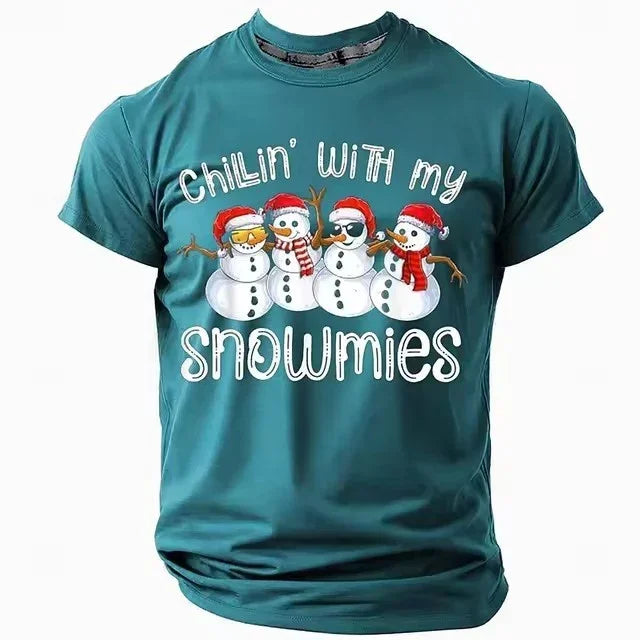 Teal graphic t-shirt with snowman cartoon print, holiday theme, relaxed fit cotton top.