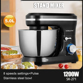 Black and silver stand mixer with stainless steel bowl, modern kitchen appliance on countertop