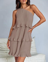 Taupe pleated one-shoulder dress with tiered ruffle layers and relaxed fit