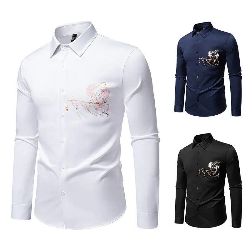 Men's slim fit long sleeve dress shirts in white, navy, and black with abstract chest embroidery.