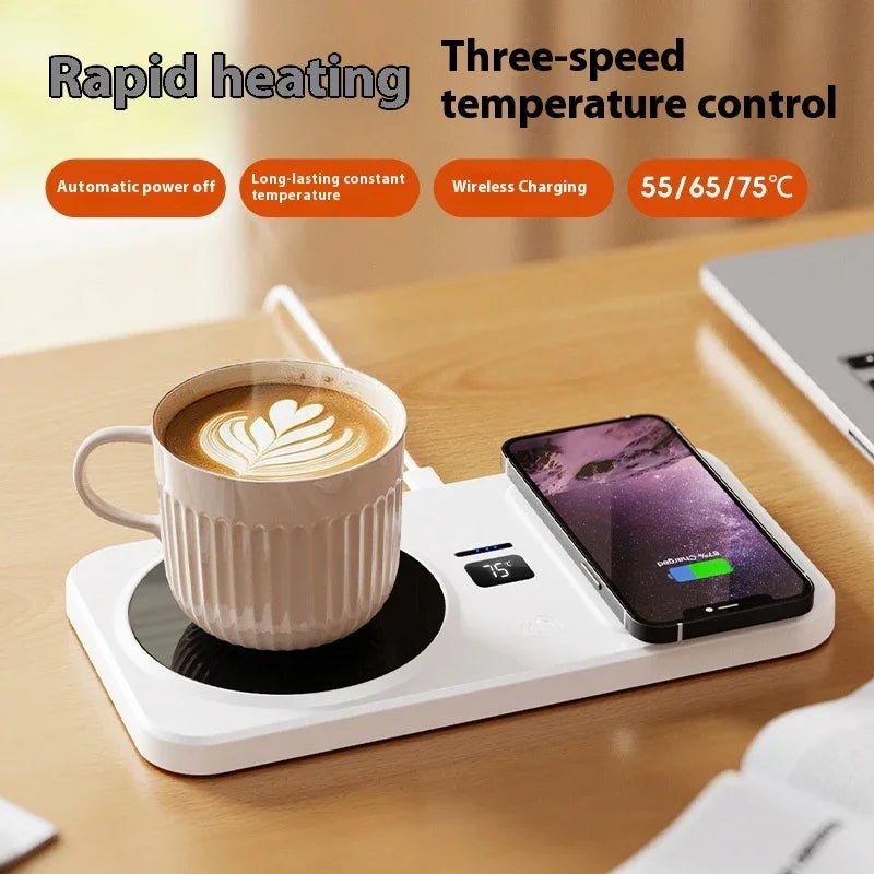 White ceramic cup with latte art on a mug warmer and smartphone on wireless charging pad