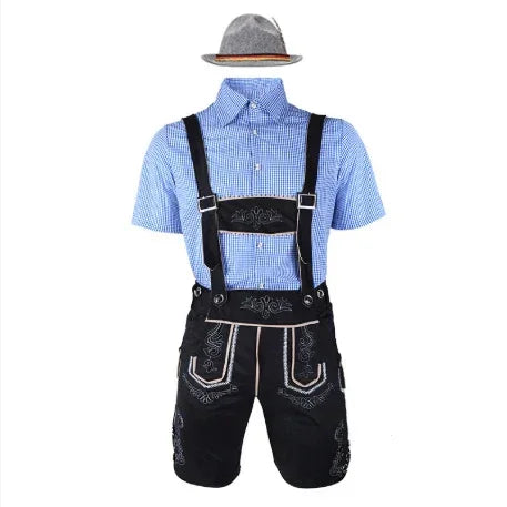 Traditional men's Bavarian outfit with blue checkered shirt, black embroidered lederhosen shorts, and gray felt hat.