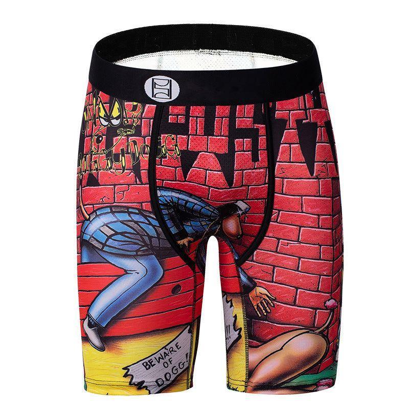 Men's fitted boxer briefs with colorful street art comic print, red brick pattern, stretchy fabric