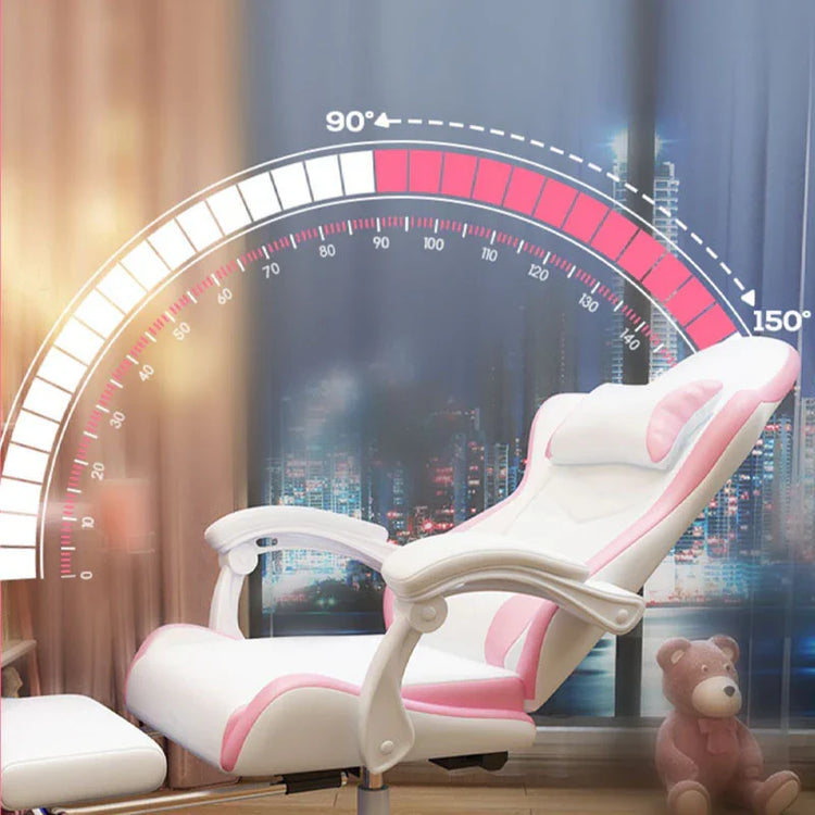 White and pink ergonomic reclining office chair with adjustable backrest, padded armrests.