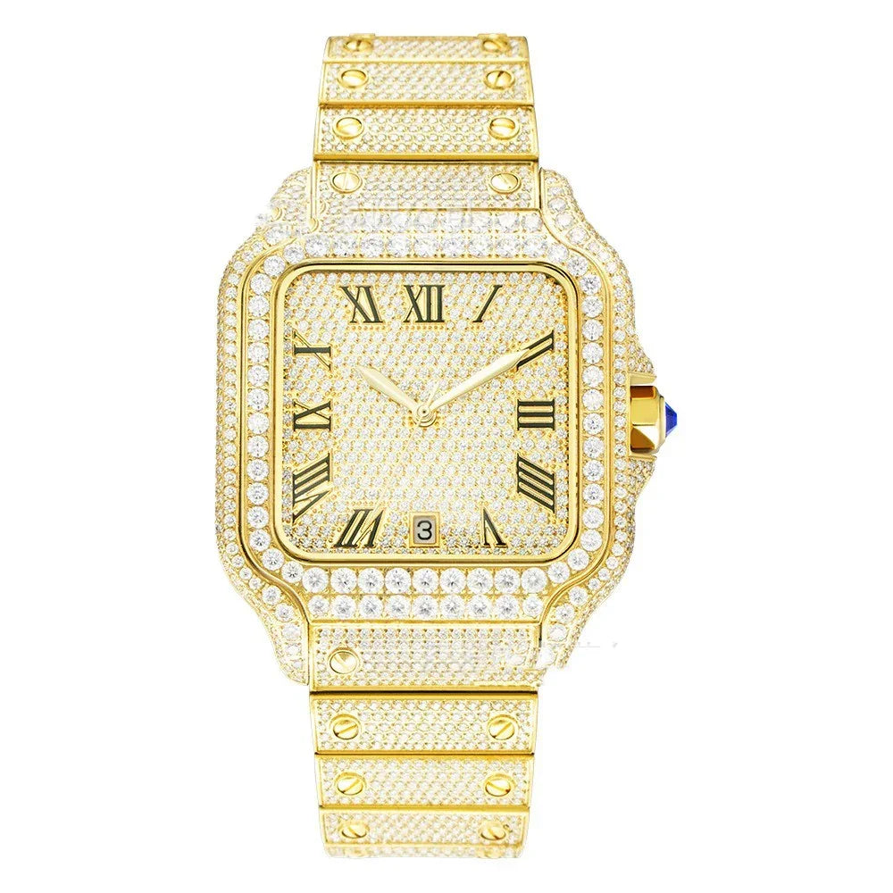 Gold square luxury watch with diamond accents, Roman numerals, and metallic bracelet