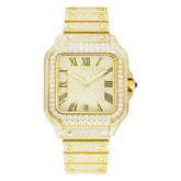 Gold square luxury watch with diamond accents, Roman numerals, and metallic bracelet