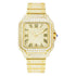 Gold square luxury watch with diamond accents, Roman numerals, and metallic bracelet