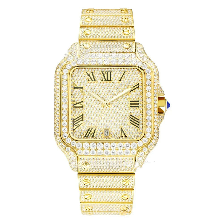 Gold square luxury watch with diamond accents, Roman numerals, and metallic bracelet