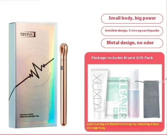 Slim metallic gadget with rounded tip, iridescent box, and accessory pack including spray and pouch