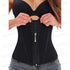 Woman wearing black waist trainer corset with zipper closure, fitted shapewear over jeans
