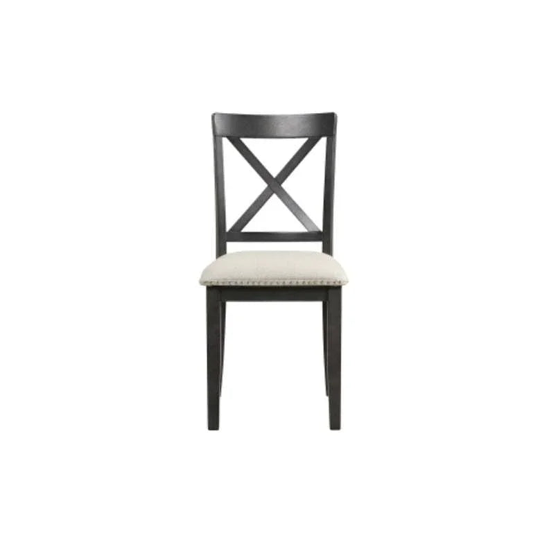 Black wood chair with X-back design and beige cushioned fabric seat, modern style