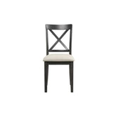 Black wood chair with X-back design and beige cushioned fabric seat, modern style