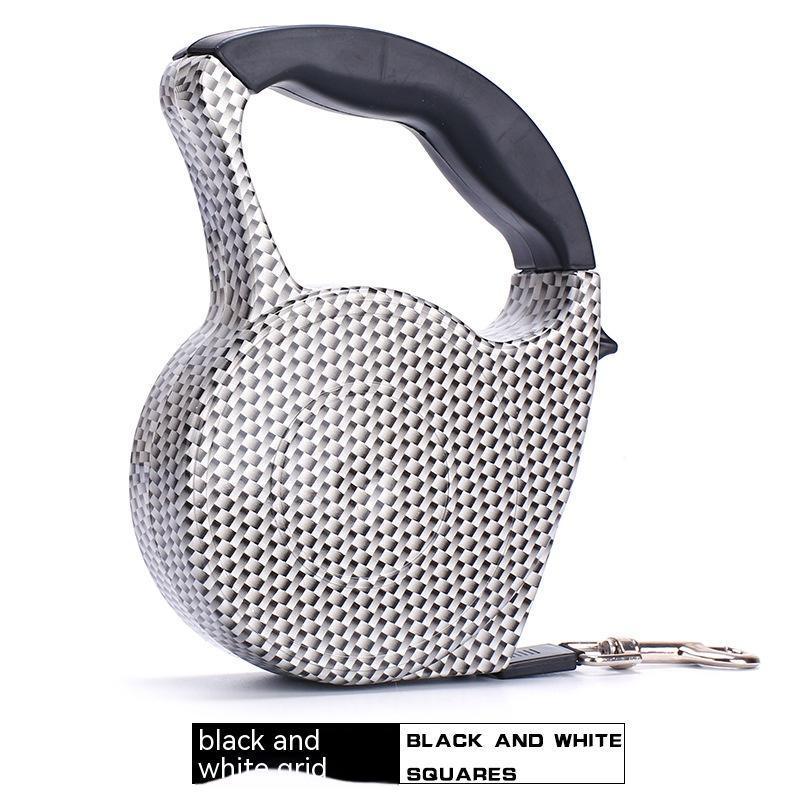 Retractable leash with black and white grid pattern, textured plastic handle