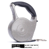 Retractable leash with black and white grid pattern, textured plastic handle
