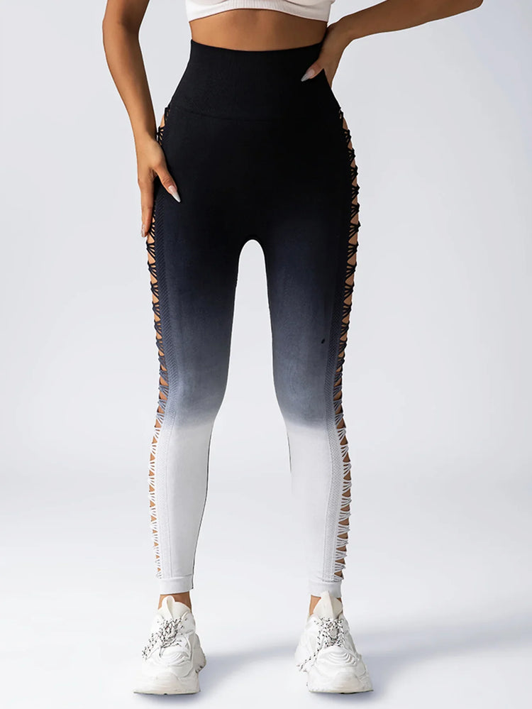 High-waisted ombre leggings with black to white gradient, side lace-up detail, slim fit