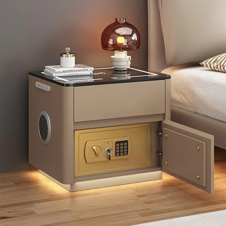 Modern beige bedside table with built-in safe, black glass top, and ambient LED lighting