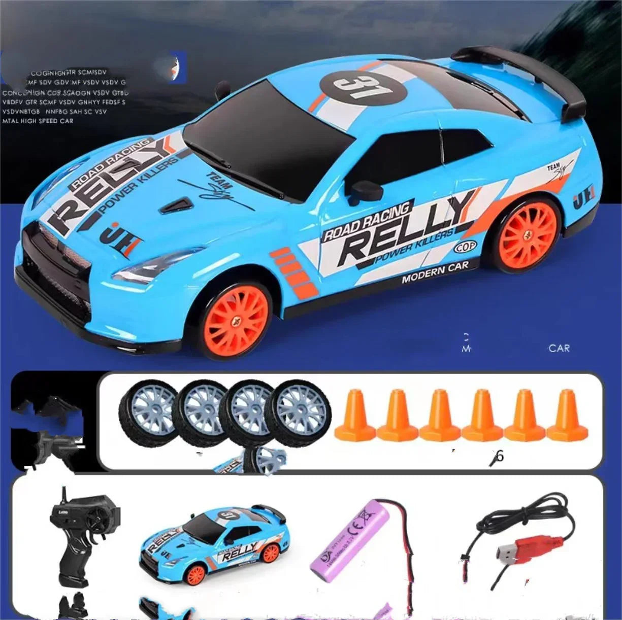 Blue remote control race car with orange wheels, extra tires, cones, and accessories