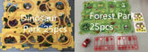 Two toy playsets, one with yellow dinosaur park theme and one with green forest park, each 25 pieces, shown with track layouts and accessories.