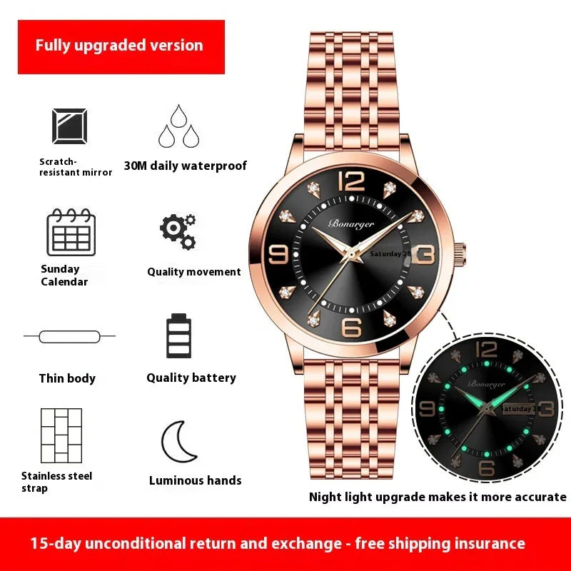Rose gold stainless steel watch with black dial, luminous hands, and date display