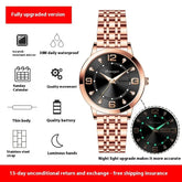 Rose gold stainless steel watch with black dial, luminous hands, and date display