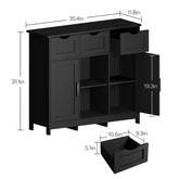 Black storage cabinet with three drawers, two doors, adjustable shelves, modern wood design, product dimensions labeled.