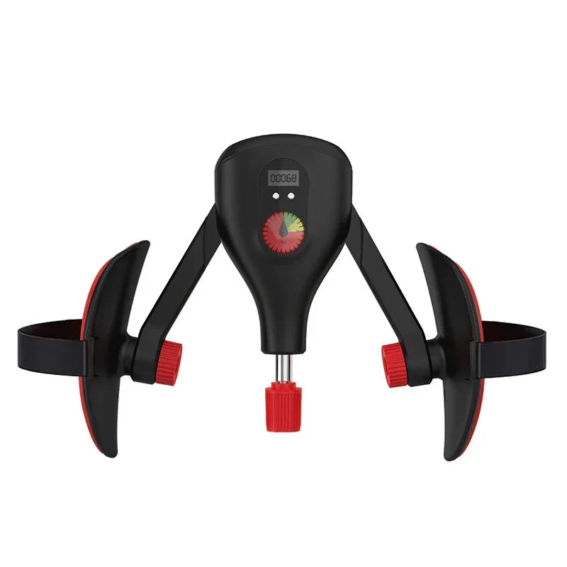 Black and red adjustable gadget with digital display, plastic material, modern design.