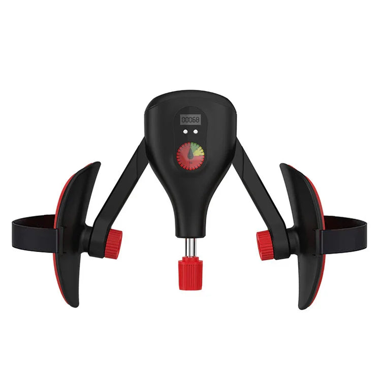 Black and red adjustable gadget with digital display, plastic material, modern design.