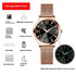 Rose gold mesh band watch with black dial, luminous hands, and scratch-resistant face.