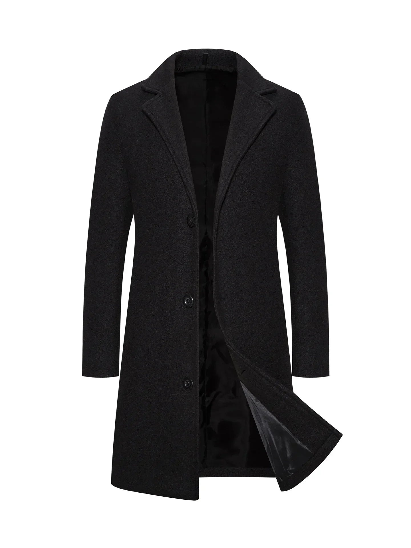 Black wool-blend overcoat with three buttons, tailored fit, and notched lapel
