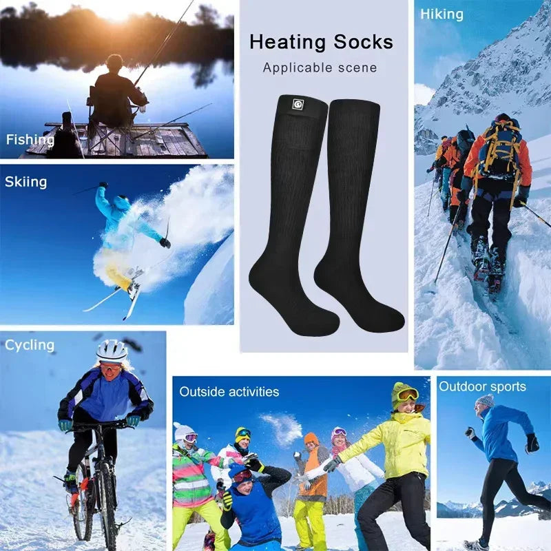 Black heated socks, knee-high, thick material, slim fit, ideal for winter sports and outdoor activities.