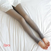 Gray sheer tights with smooth slim fit, worn on legs, shown on white bedding