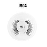 Black M04 faux mink false eyelashes in round clear case, thick and wispy style