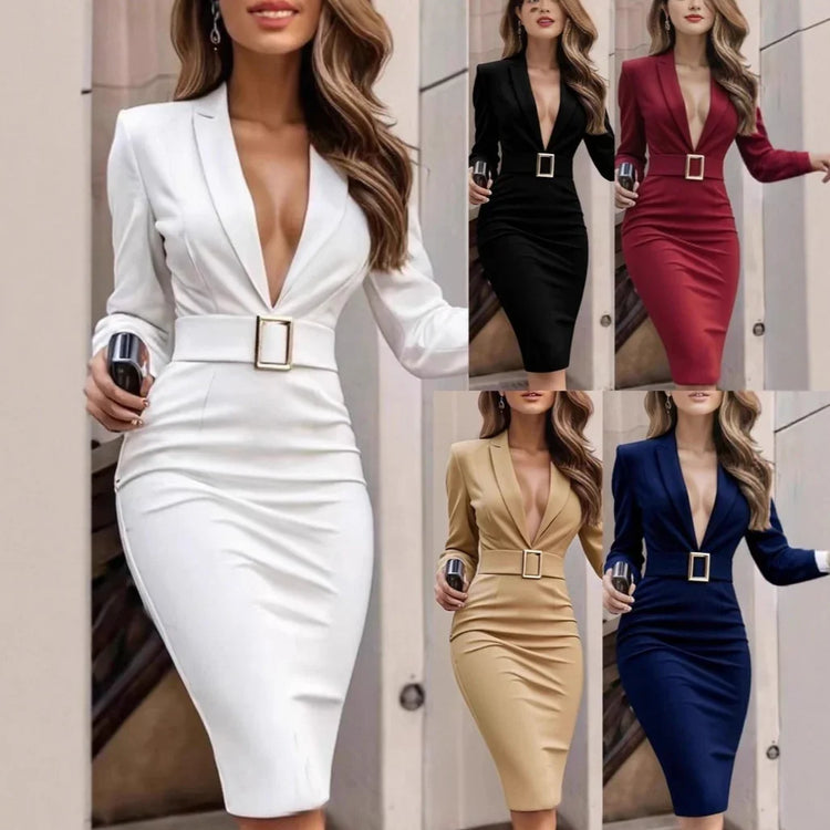 Women’s fitted blazer dress with deep V-neck, belt detail, long sleeves, shown in white, black, red, beige, and navy blue.