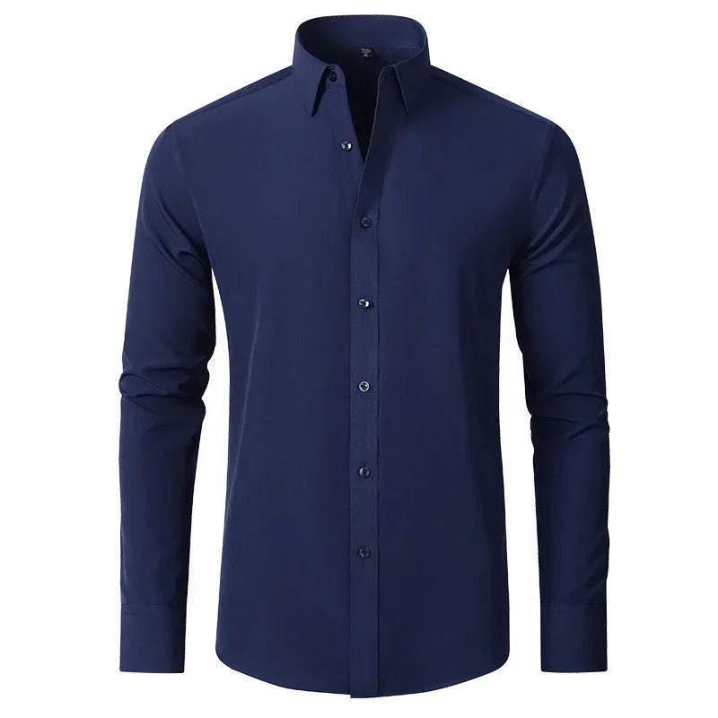 Men's slim fit long sleeve navy blue button-up shirt, classic collar, smooth material