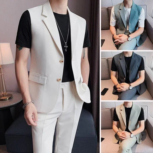Men's sleeveless suit sets in white, blue, and olive, slim fit, paired with t-shirts.