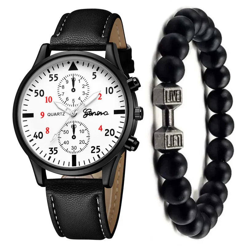 Black leather strap watch with white dial and chronograph, paired with matte black bead bracelet