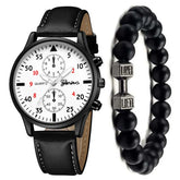 Black leather strap watch with white dial and chronograph, paired with matte black bead bracelet