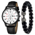 Black leather strap watch with white dial and chronograph, paired with matte black bead bracelet