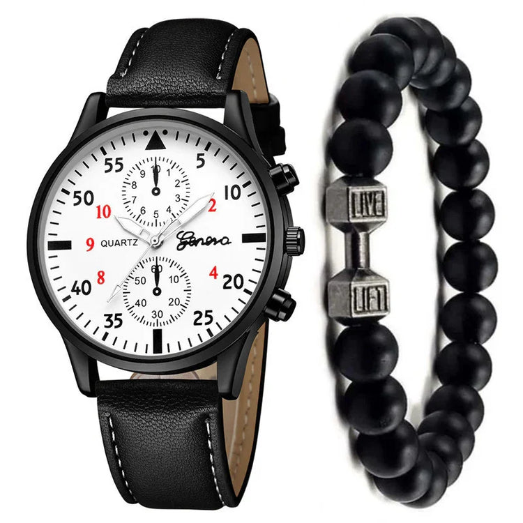Black leather strap watch with white dial and chronograph, paired with matte black bead bracelet