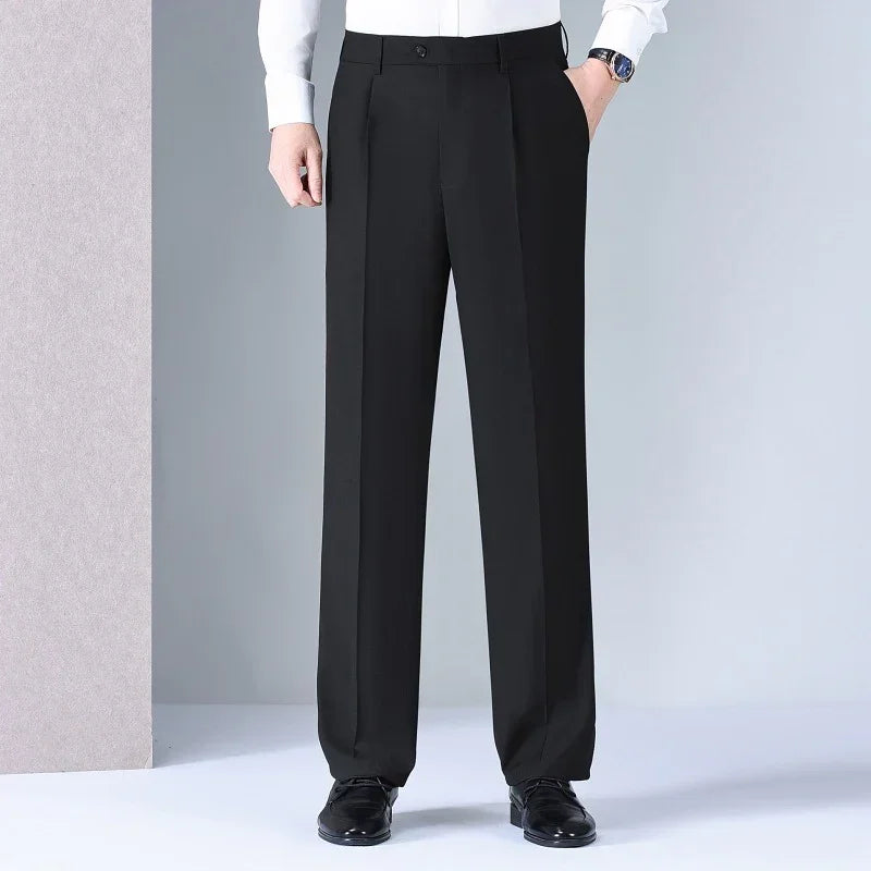 Men’s black straight-leg dress pants with pressed pleats, classic fit, formal style.