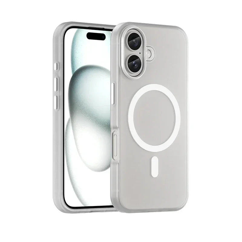 Clear silicone phone case with MagSafe ring, slim fit, dual camera cutout, white accents