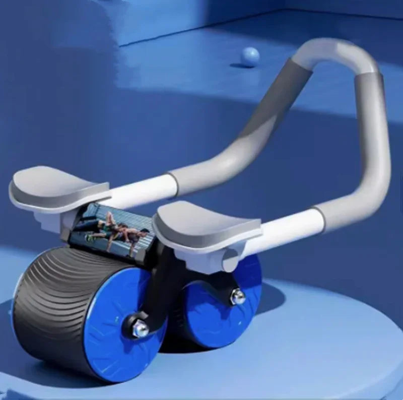 Blue and gray double-wheel abdominal exercise roller with ergonomic handles on a blue background