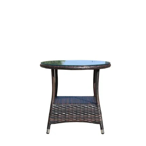 Round outdoor side table with woven dark rattan base and glass top, modern patio furniture