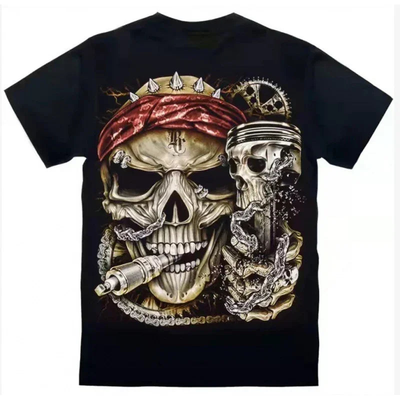 Black graphic t-shirt with large skull design, red bandana, and metallic chain details.